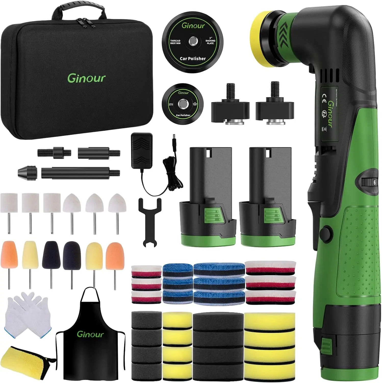 

Cordless Mini Car Polisher Kit, 12V with 6 Speeds, Backing Plates & Batteries for Detailing