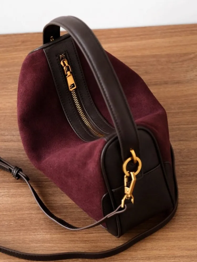 Office Ladies Elegant Suede Cowskin Genuine Leather Tote Handbag Women Spliced Design Single Shoulder Bag Vintage Messenger Bags
