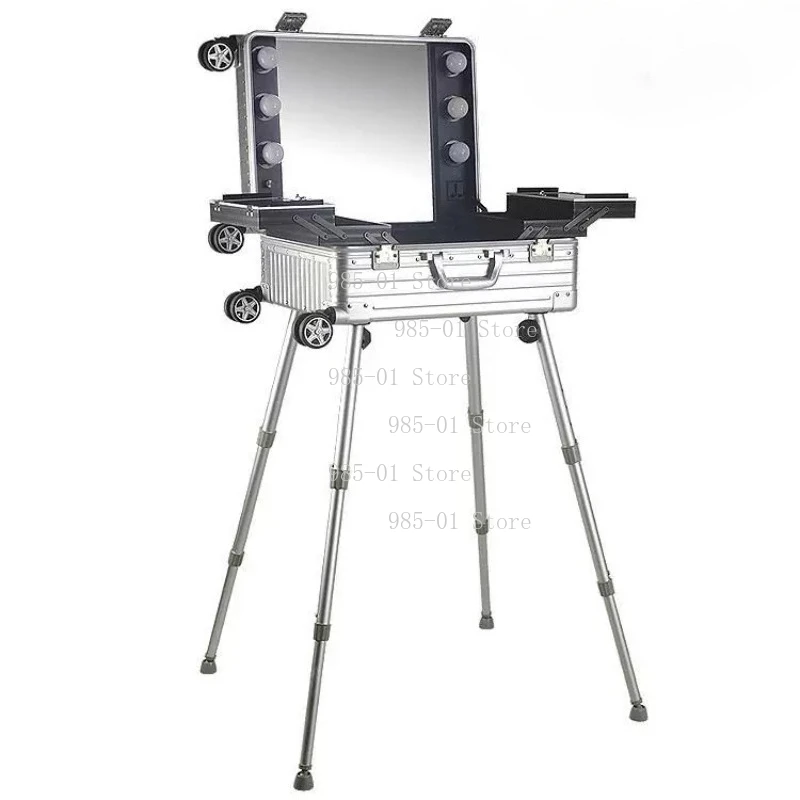 Professional Rolling Cosmetic Case with LED Light Mirror Aluminum Trolley Suitcase Folding Table Makeup Storage