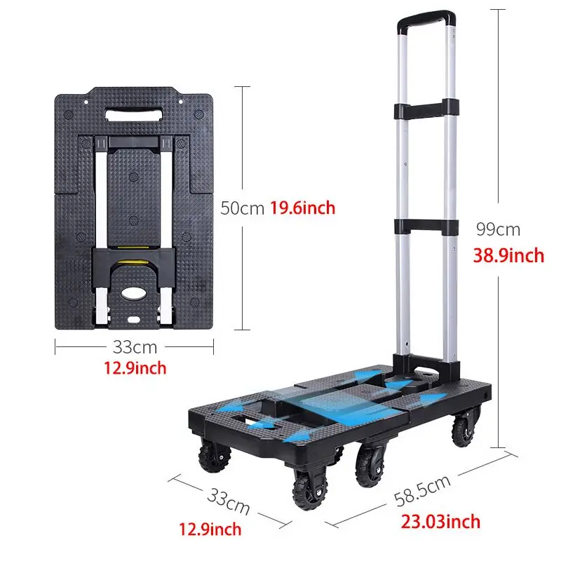 75KGS Heavy Load Total Folding Extendable Transport Platform Dolly Trolley Hand Cart Truck with Brake and Aluminium Chassis