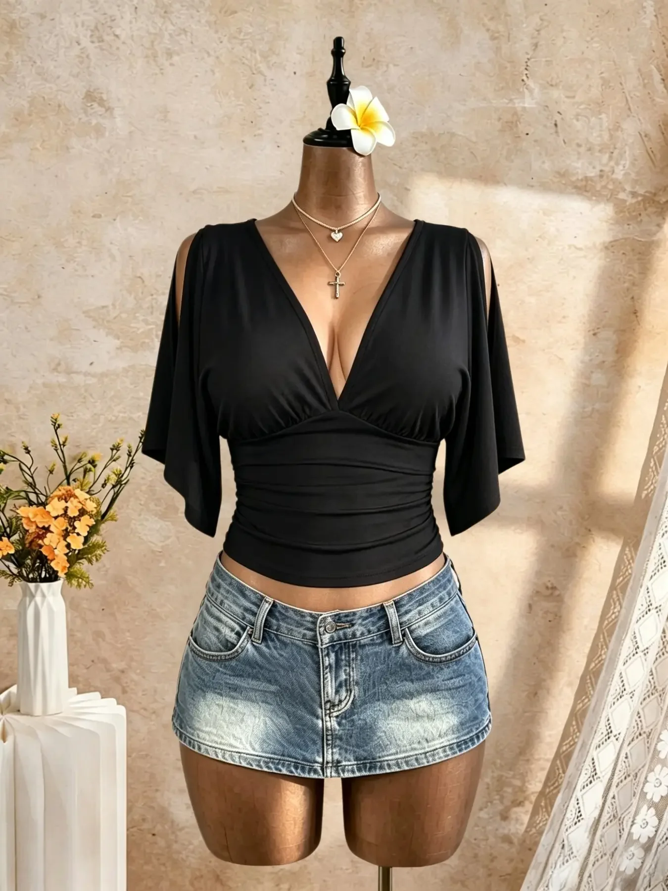 Women Deep V Neck Cold Shoulder Flutter Sleeve Crop Top Waist Ruched Slim Fit Short Sleeve Cropped Blouse Ladies Casual Fitted T