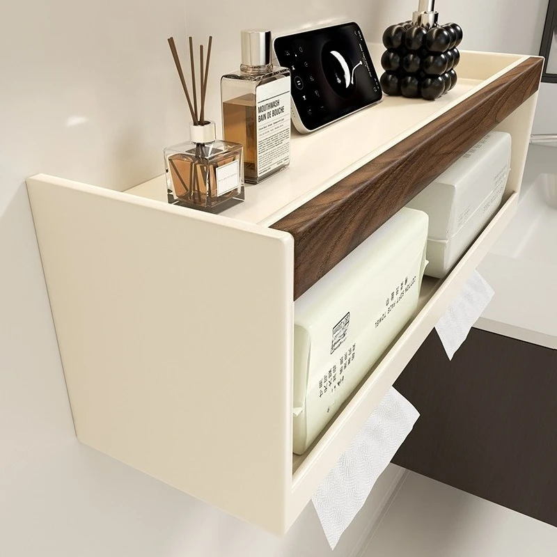 Walnut Grain No Drill Detachable Washable Paper Holder Bathroom Tissue Organizer For Hotel Facial Towel Storage Rack