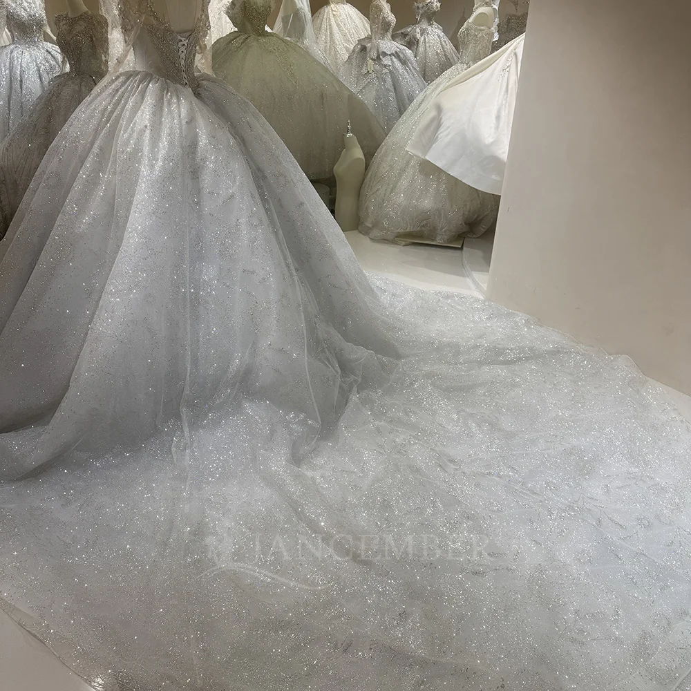 Customized Exquisite Lace Wedding Dress Luxury Shining Bridal Gown Court Train Sheer O-neck Ball Gowns Dresses robe de mariée