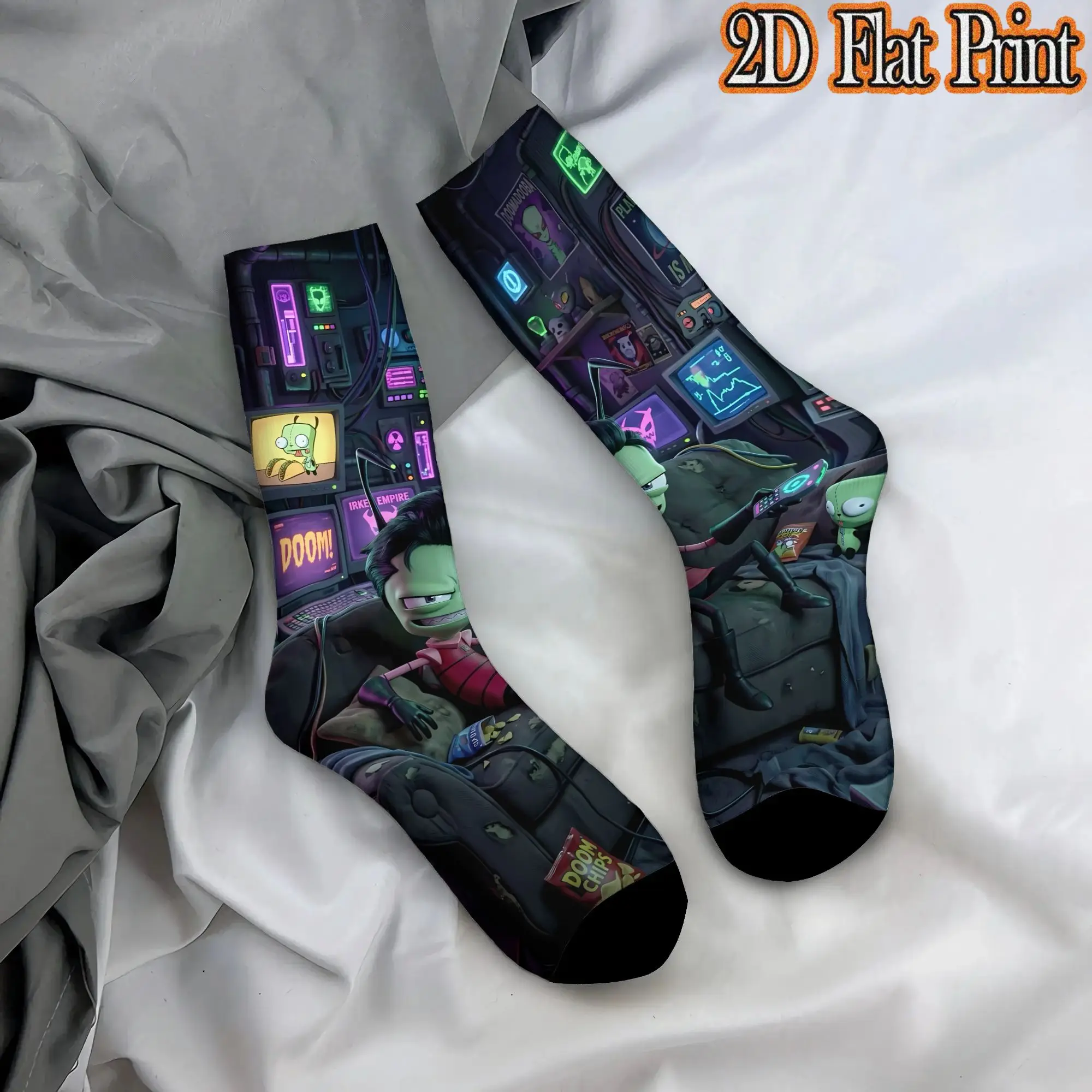 Invader Zim Anime Retro  Hip Hop Novelty Pattern Mid Tube Winter Sock Sports Socks