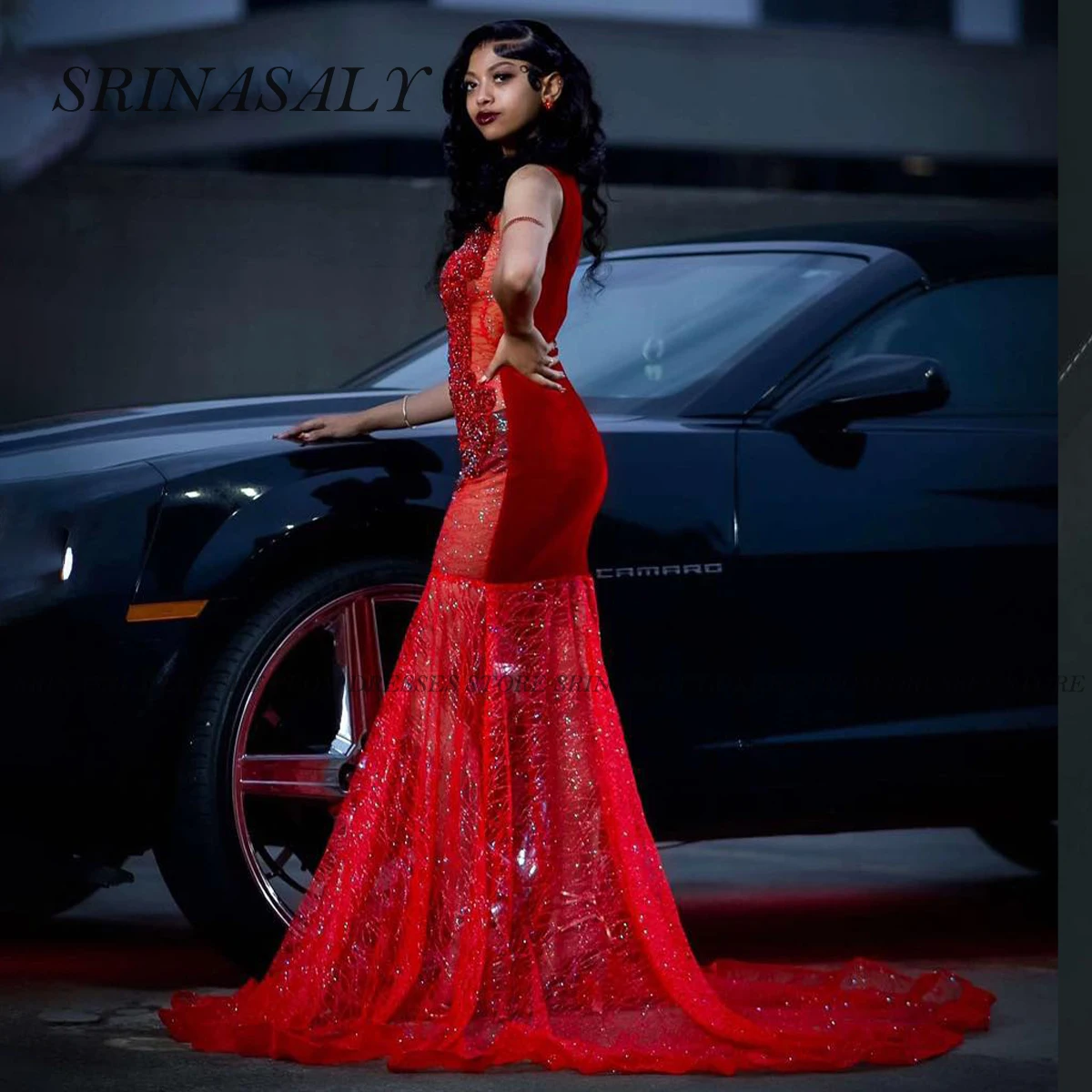 흑인 소녀를위한 맞춤형 라인 석 레이스 인어 댄스 파티 드레스 다이아몬드 반짝이 민소매 크리스탈 구슬 이브닝 가운 가운