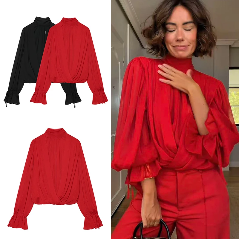 Guobioziy 2026 Autumn Women High Neck Wrap Front Blouse Long Flare Sleeve Ruffle Cuff Elegant Romantic Evening Party Daily Top