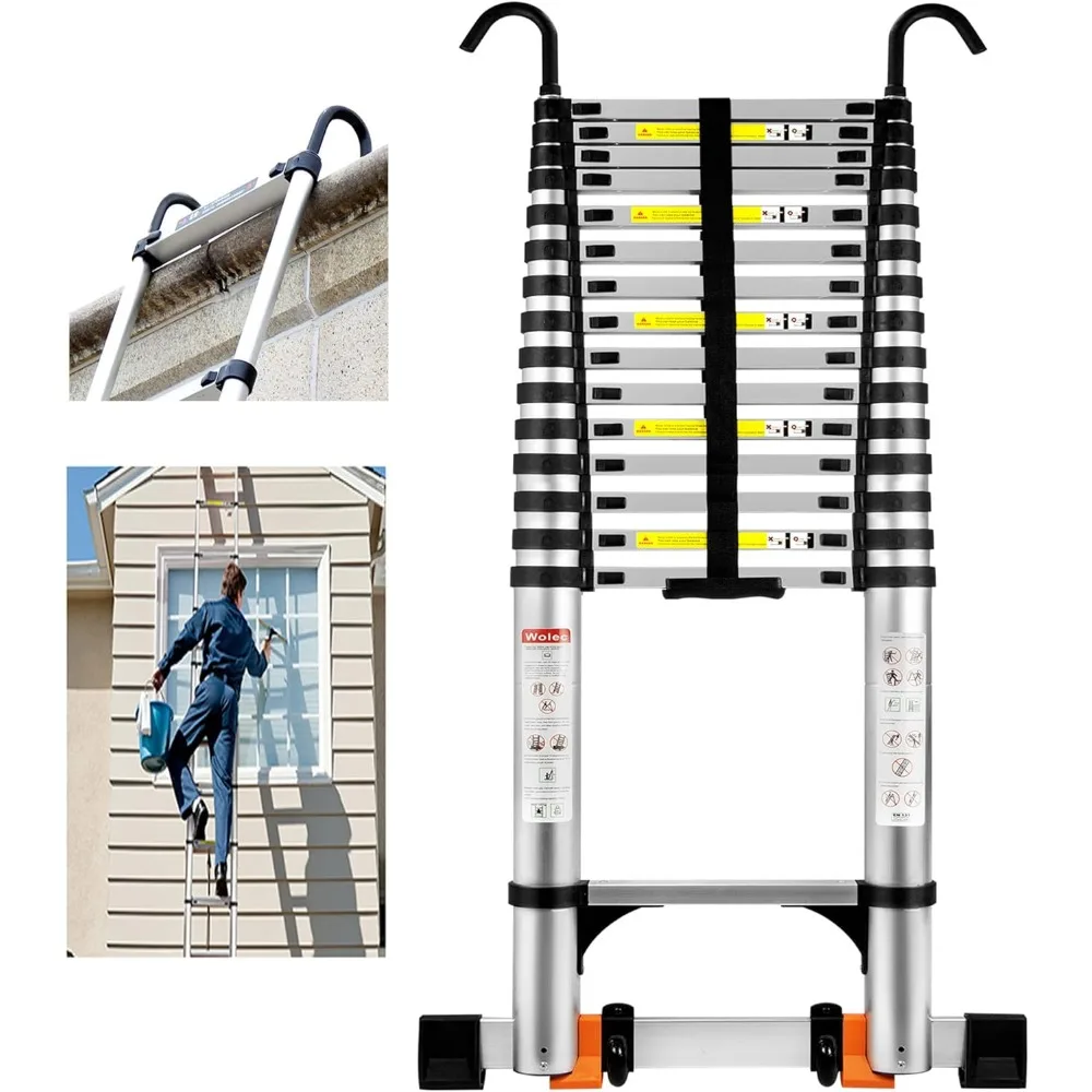 접이식 알루미늄 휴대용 익스텐션 사다리, 20.3FT, 후크 포함, 스태빌라이저 및 휠, 헤비 듀티, 최대 용량 330lbs