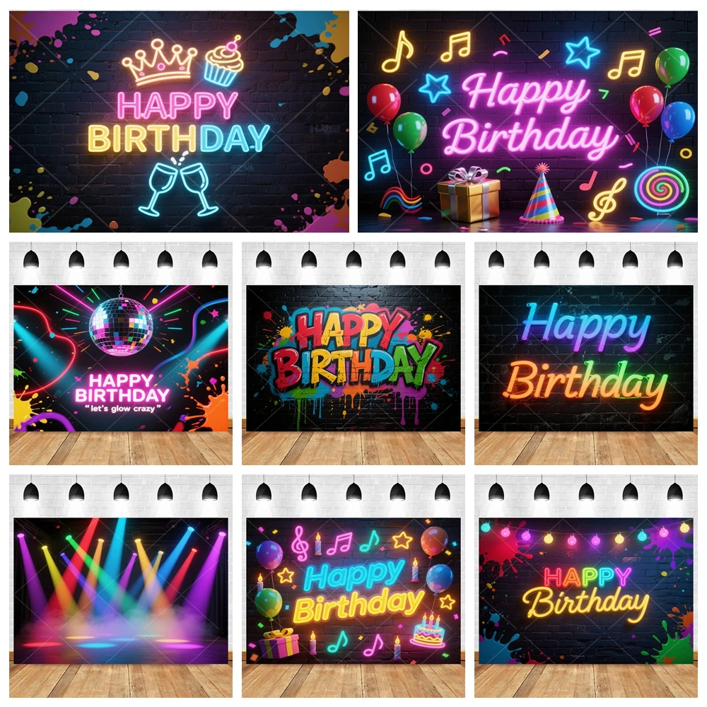 

Neon Glow Birthday Party Backdrop Disco Music Photo Booth Background UV Blacklight Decor Photography Studio Custom Props