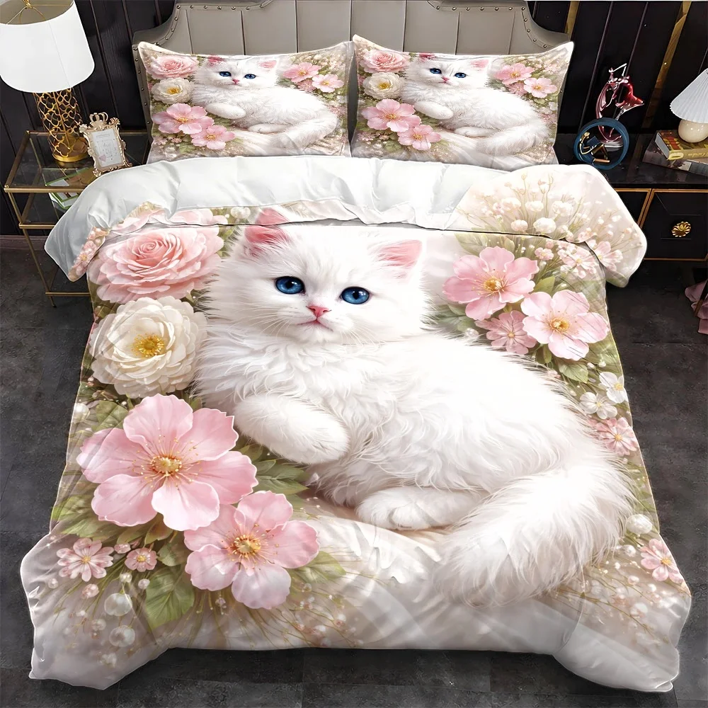 3Pc Cute Cat Floral Duvet Cover Set Machine Washable Invisible Zipper Bedding Set for Home Dorm Bedroom Soft Skin Friendly
