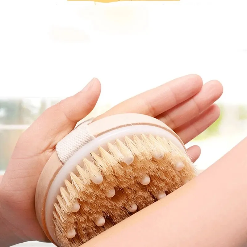 Hog Bristle Bath Brush Massage Back Rub Hand Held Nylon Soft Hair Shower Dry Brush Wooden Round Bath Scrubber