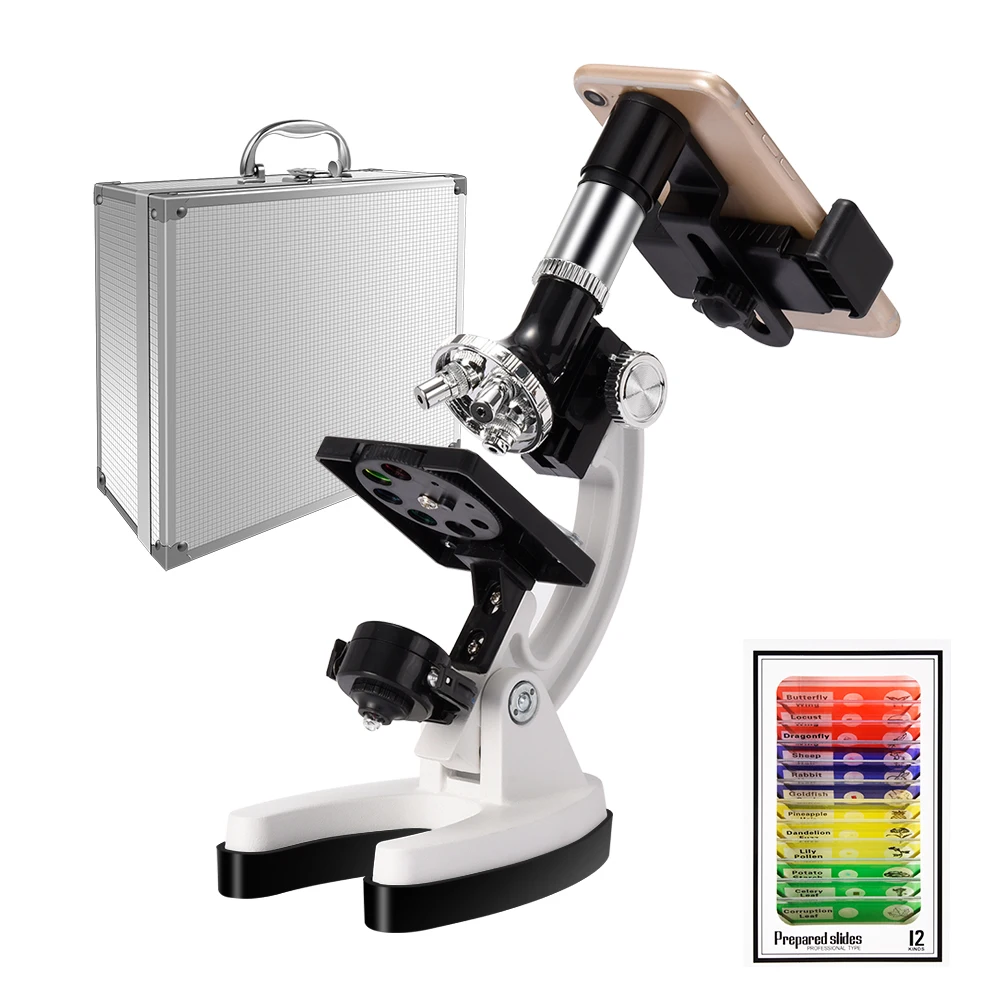 Kids Microscope Chanseon 100X-600X-1200X Magnifications，Metal Arm & Base，LED and Mirror Illumination,with Storage Box Beginner M