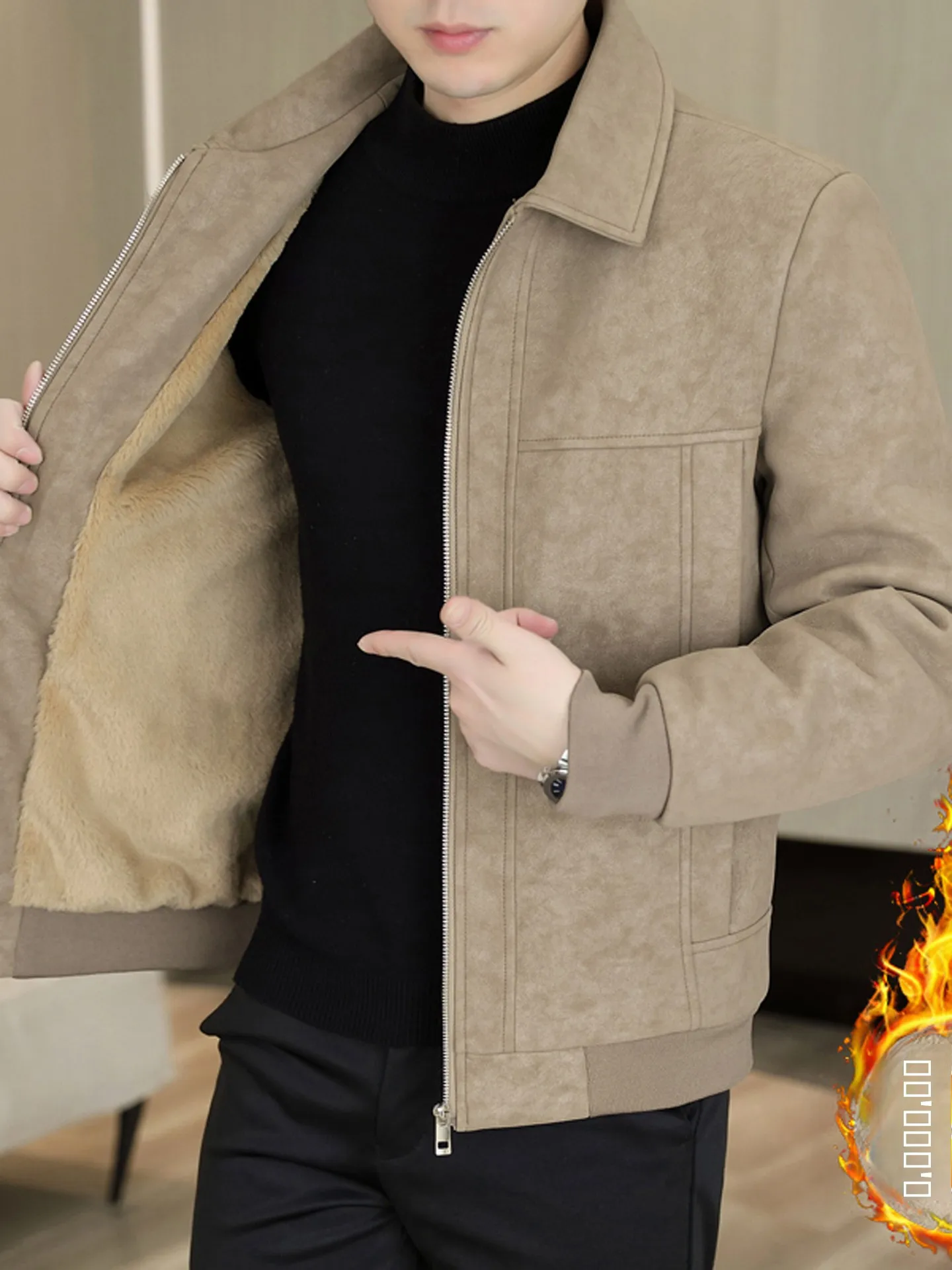 

Men's Suede Velvet Jaet Winter Coat Zipper Thiened Collar Men's Faion Casual Sle Warmth Inner Fce ort Model