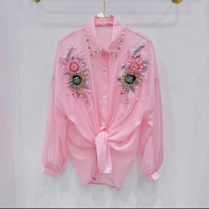 Embroidered Flares Rhinestone Flower Women\'s 2024 Spring and Autumn Spliced Polo Neck Button Elegant Long Sleeved Blouses Shirts