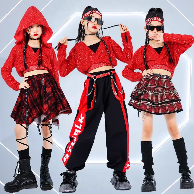 Crianças hip hop jazz calças conjuntos de roupas vermelhas crianças streetwear k-pop trajes meninas lantejoulas colheita hoodies saia de dança de rua