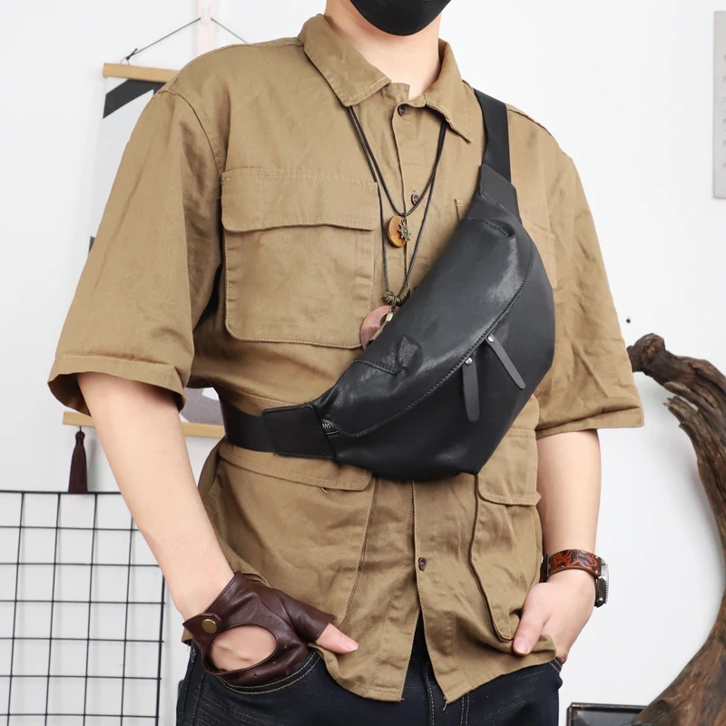 Men's Leather Chest Bags Crossbody Shoulder Bag For Male Genuine Leather Waist Pack Sling Bag For Outdoor Sports Belt Pouch