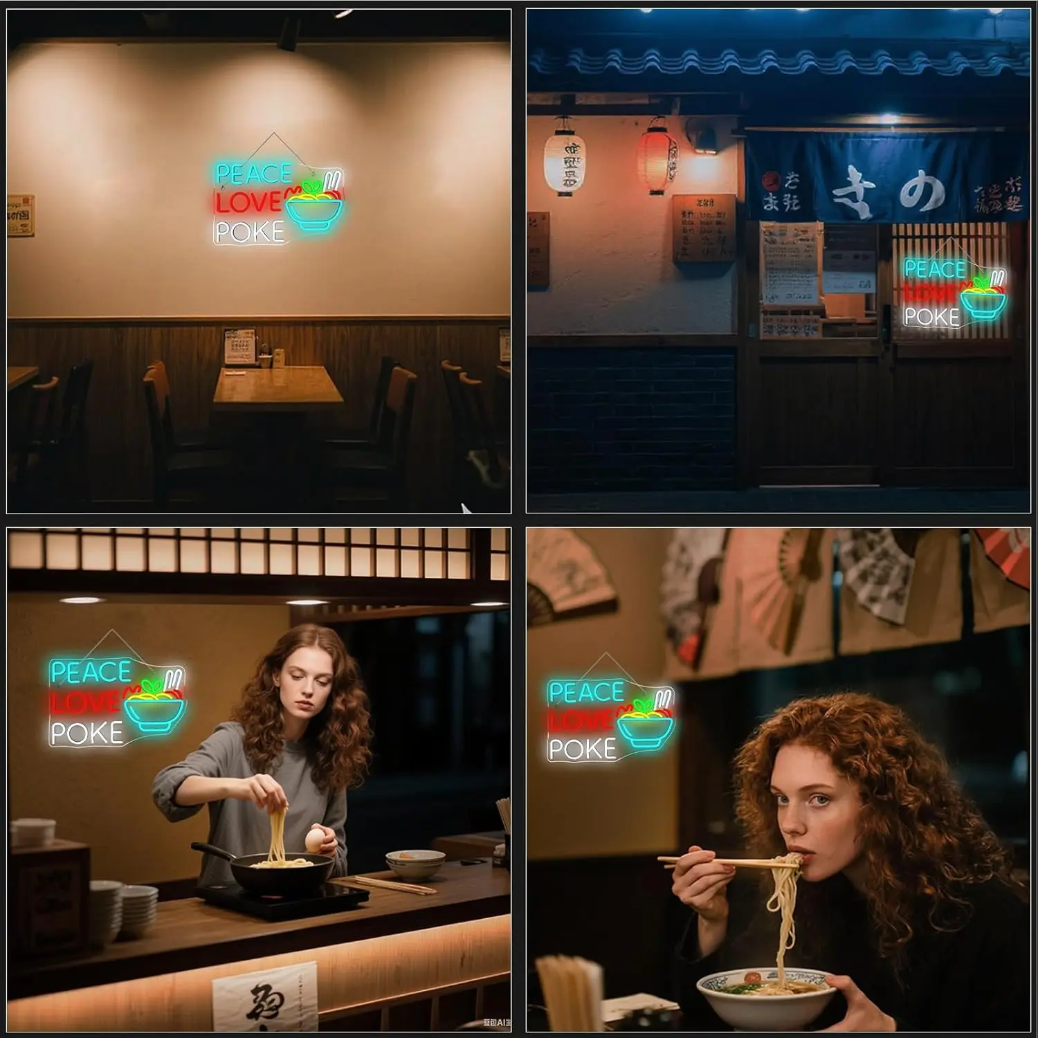 Peace Love Poke Ramen letrero de neón fideos decoración de pared Led letreros iluminados por USB para restaurante cocina comedor fideos japoneses Sh