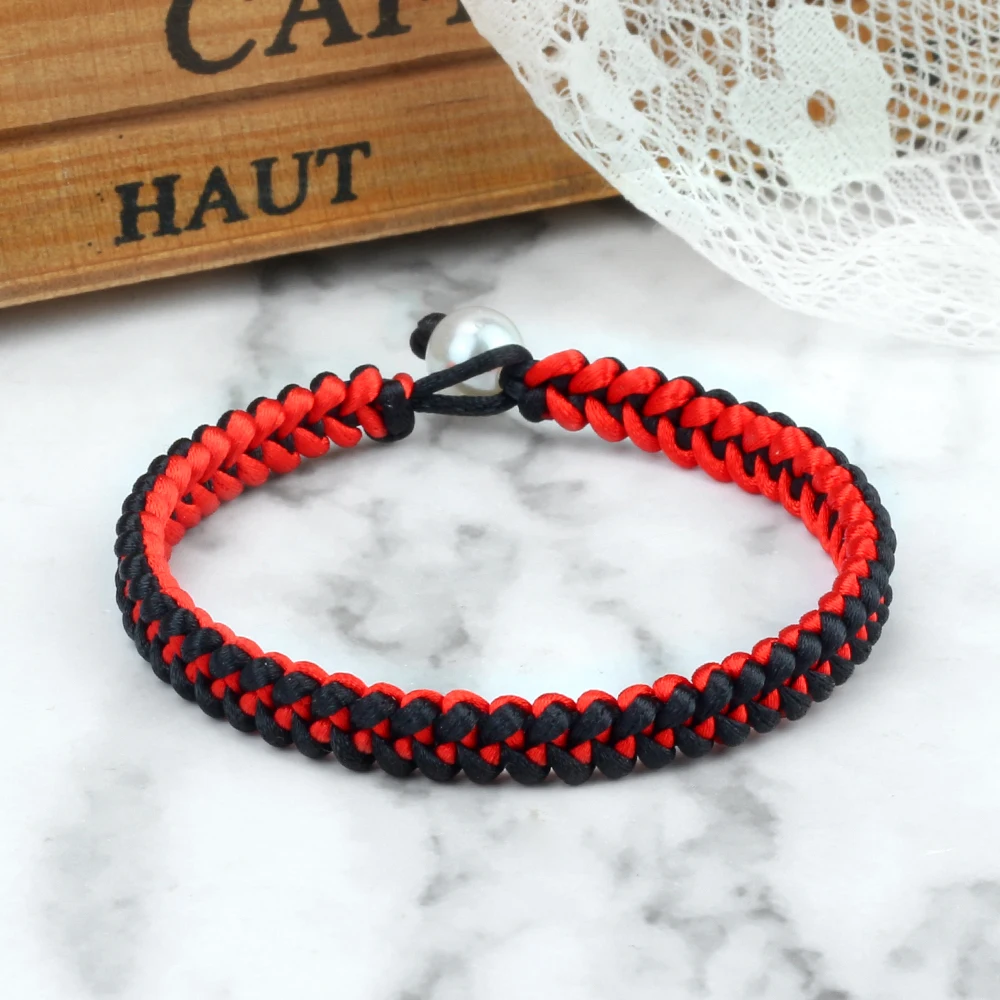 Pulsera de hilo rojo y negro hecha a mano, cuerda de quilla de la suerte, pulsera con cierre de perla de imitación ajustable, regalo para mujeres y hombres, joyería de moda