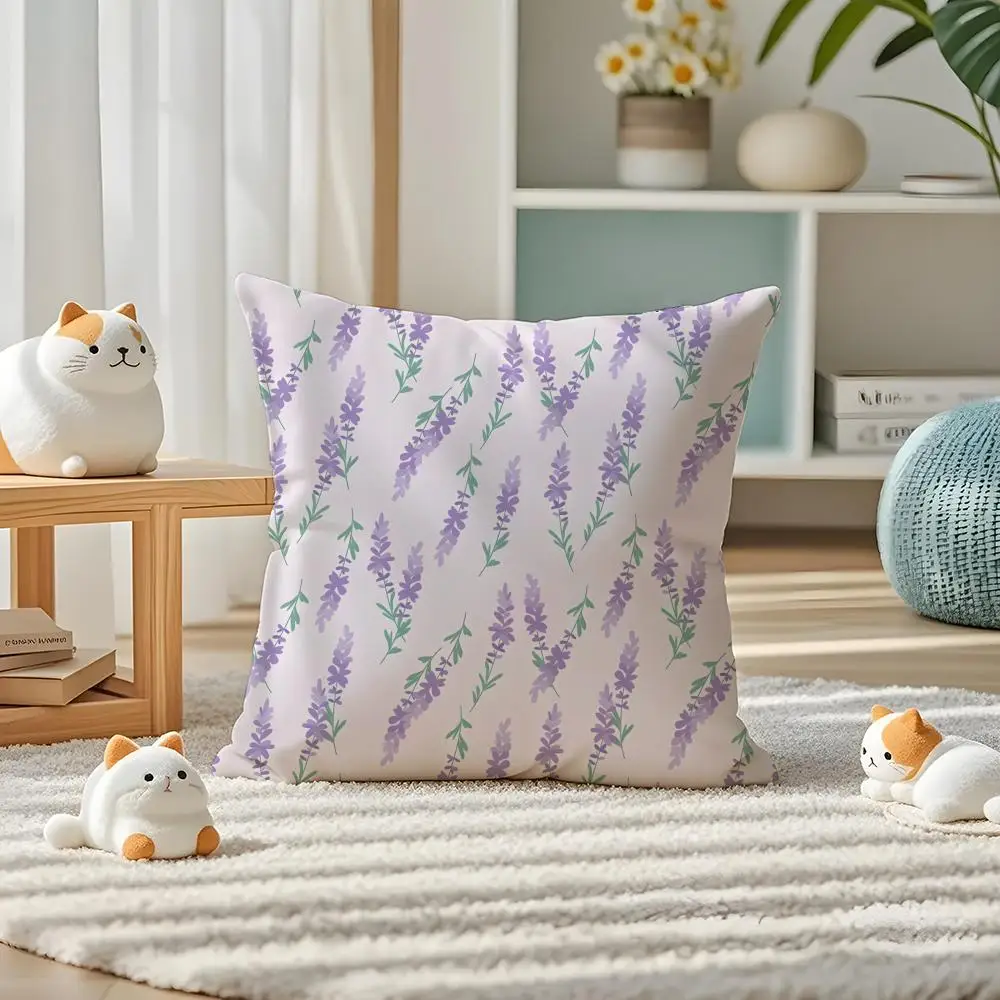 L-Lavender Plant Pillow Case Pillow Case Plush Fabric Soft Double Sided Print Home Sofa High Quality Cushion