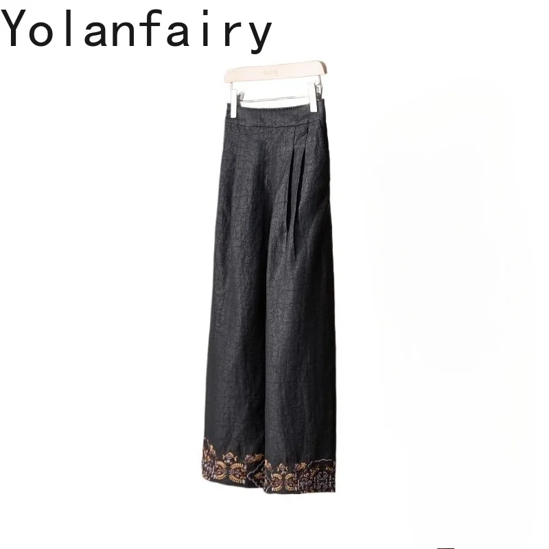 YOLANFAIRY High Quality 100% Mulberry Silk Wide Leg Pants for Women Watered Gauze Trousers Elastic Waist Embroidered Pants 2026