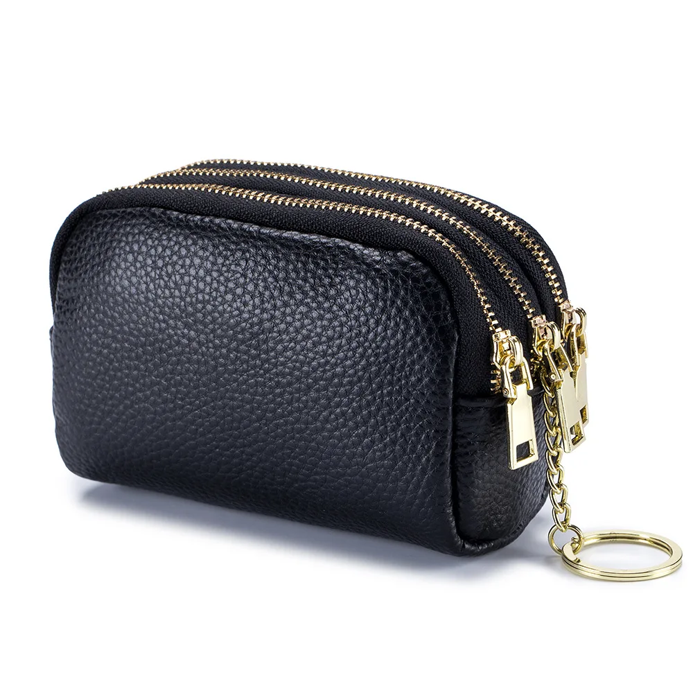 Western Soft Genuine Leather Three Zipper Design Mini Women Wallet Large Capacity Keychain Multi-function Coin Purse for Ladies
