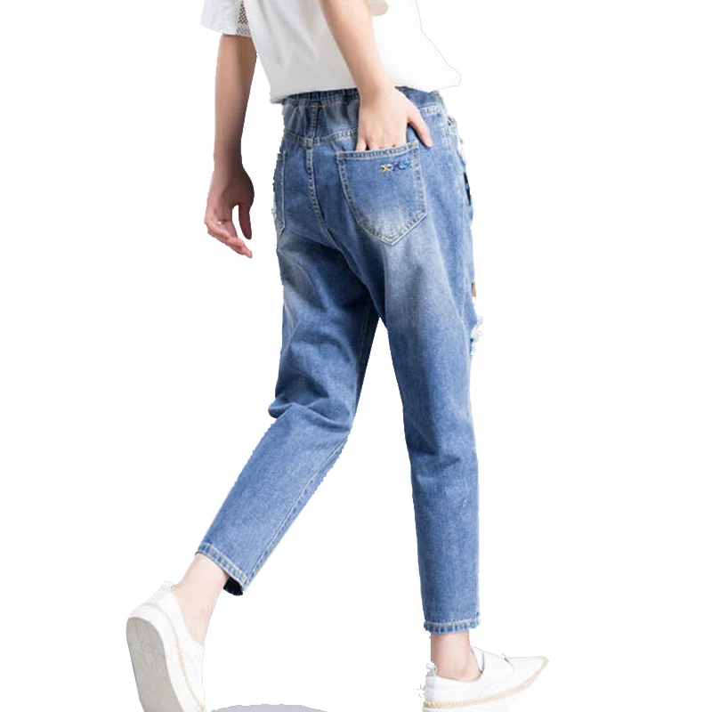 Famous brand jeans Vintage Hole star Embroidery Ankle-length Denim Jeans Female Casual Loose Harem Pant Trousers Cloth