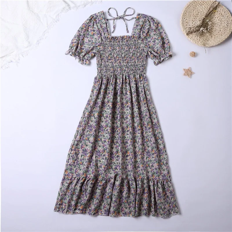 Vestido de Verano de Chifón con Plisados para Mujer, Casual para Playa y Vacaciones, Manga Corta, Cuello Cuadrado, Largo Medio, Bohemio 6