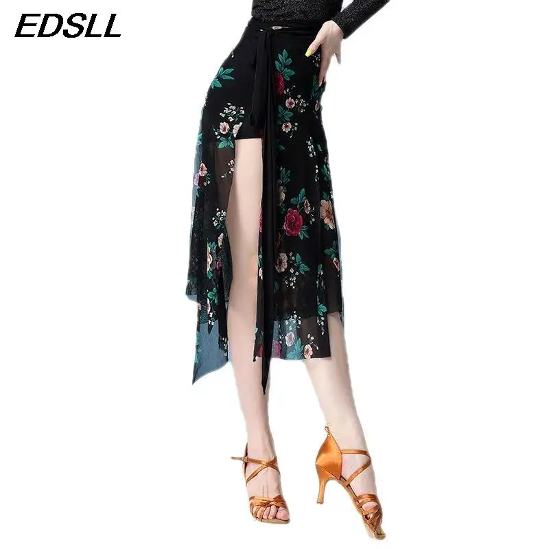 Adult Sexy Hip Scarf Skirt Tango Slasa Wrap Belt Dancer Practice Performance Hip Scarf Colorful Floral Print Mesh Skirt