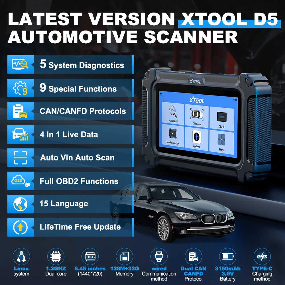 XTOOL D5 Car Diagnostic Tools Gearbox ABS EPB Airbag Engine 5 System Scanner 9 Reset Service OBD2 Scanner Lifetime Free Update