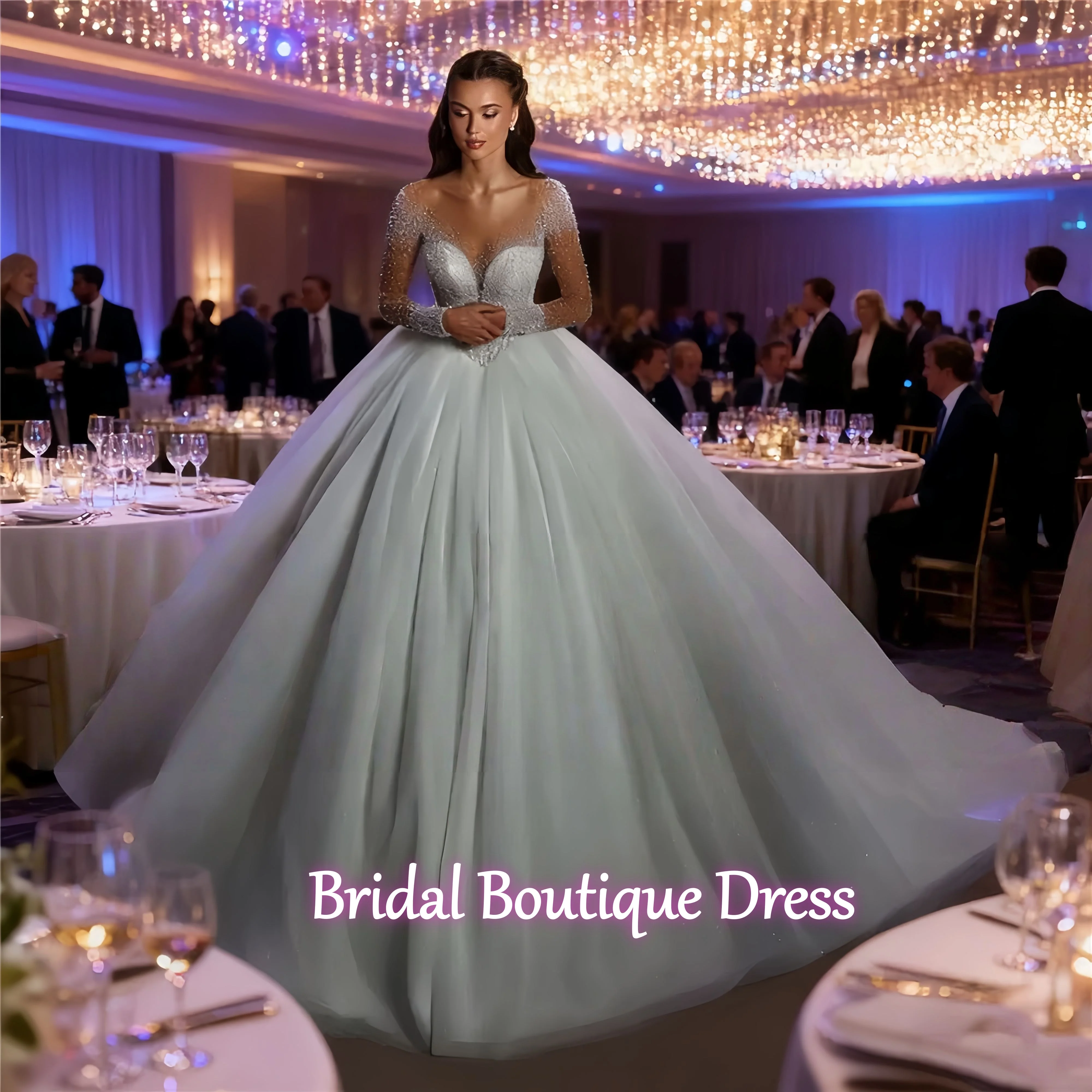 Customized Exquisite Ball Gown Wedding Dresses Full Sleeves Glitter Tulle Pearls Beaded     Bridal Gowns vestidos de novia