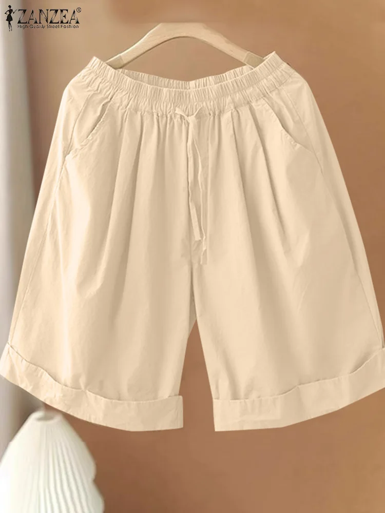 

2025 ZANZEA Vintage Fashion Shorts Summer Women High Elastic Waist Casual Pants Loose Pockets Bandage Solid Color Shorts Femme