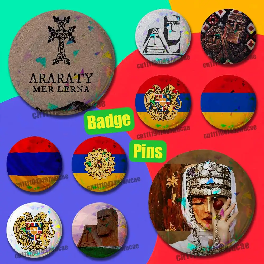For Armenia Artsakh Passport Flag Cross Badge Cover Custom Pin Insignia Emblem Round Button 58mm 44mm Laser Film