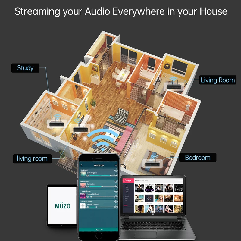 WA60 60W*2 ESS9023 WiFi And HiFi Stereo Class D Digital Multiroom Amplifier With Tadil Airplay Equalizer Free App