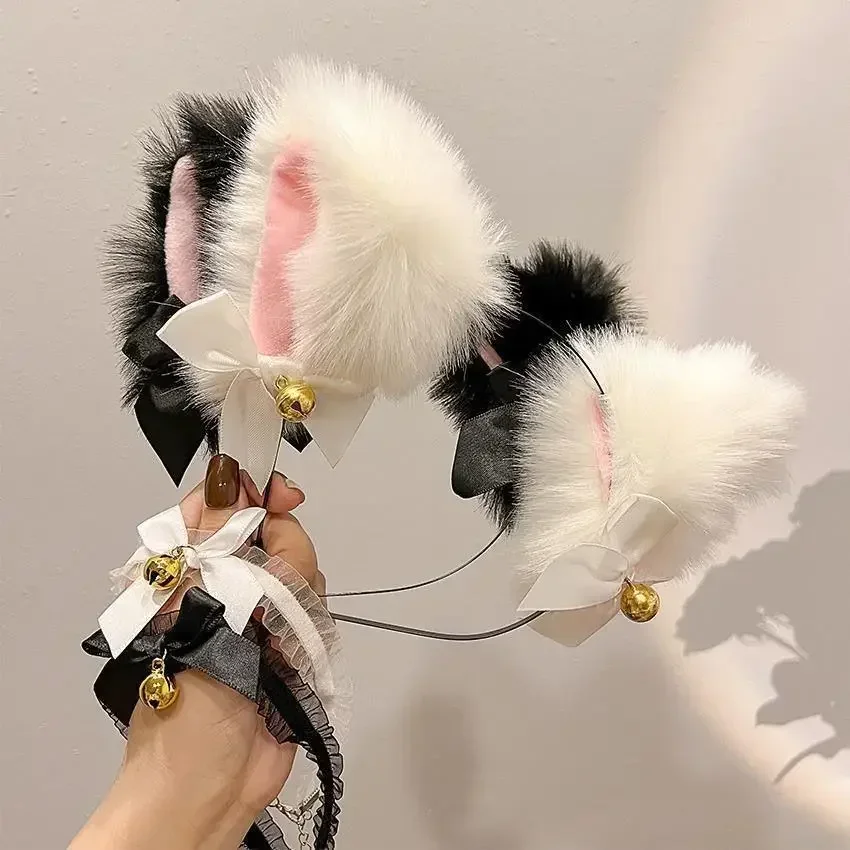 Sexy Cute Cat Ears Headband Women Girls Lace Bow Necklace Plush Bell Hairband Cosplay Halloween Party Costume Hair Accessories