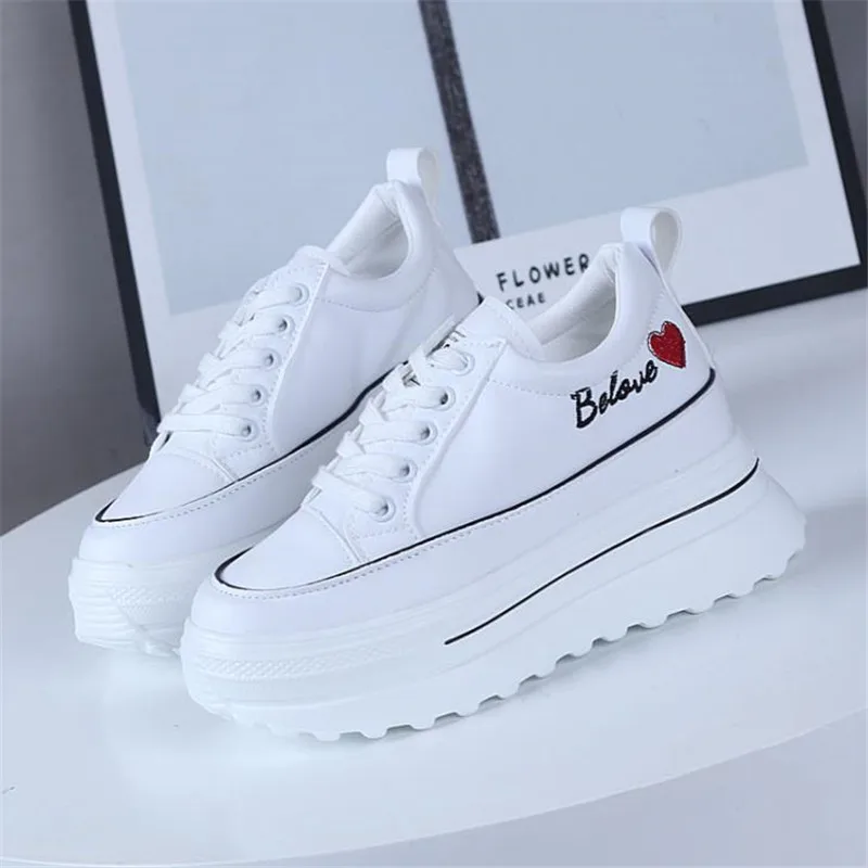 spring autumn Women High Platform Shoes 9CM Comfortable Chunky Sneakers Breathable Leather Wedges Casual Sport  Walking shoes