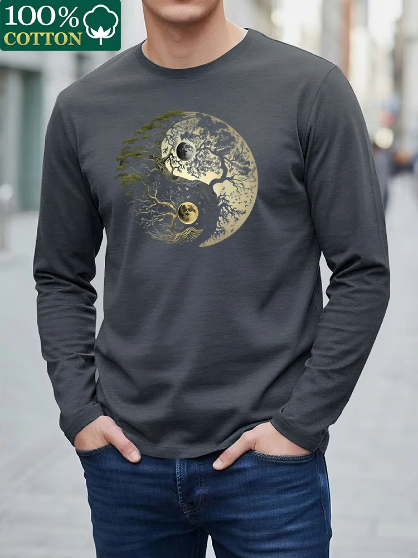 Men 100% Cotton Long Sleeve T Shirt Soft Breathable Crew Neck Tee For Spring Autumn Wine Red Green Dark Blue Casual Layering Bas