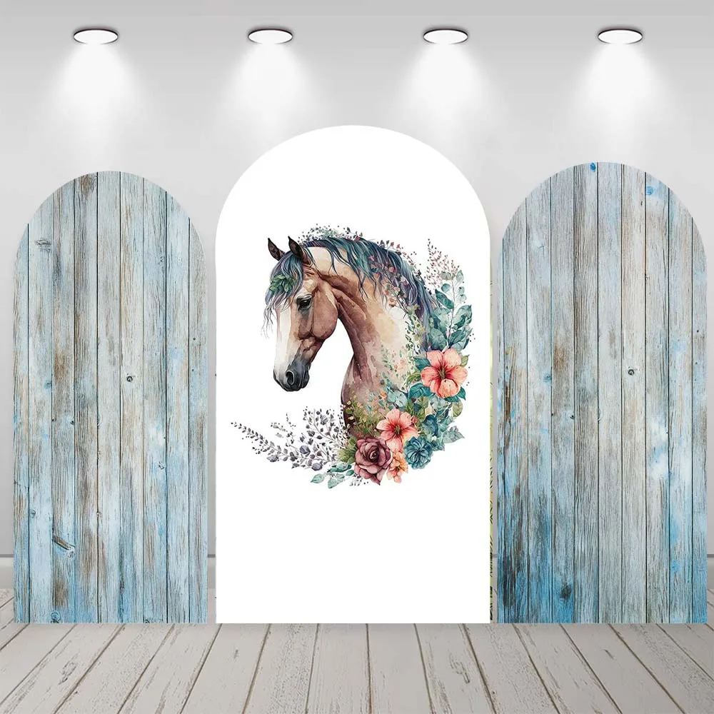 Cavallo Tavola di legno Texture Arco Sfondo Personalizzato Baby Shower Decor Copertura ad arco Ritratto Fotografia Sfondo Studio fotografico Prop