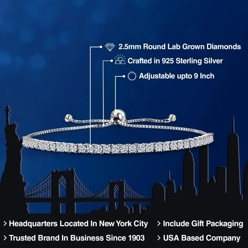 Gem Stone King 2 To 2.65 Cttw Lab Grown Diamond Tennis Bracelet For Women| 925 Sterling Silver| Round| E-F| VVS-VS| Adjust