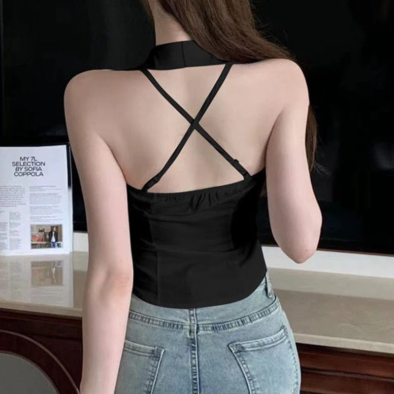 Women Clothing 2024 Summer Trendy Sexy V Neck Backless Knot Blouses White Black Sleeveless Slim Shirts Casual Chic Y2K Crop Tops