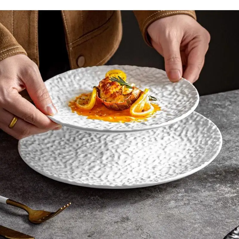 Pure White Irregular Texture Ceramic Shallow Plate Restaurant Steak Fruit Salad Dessert Plates Specialty Tableware