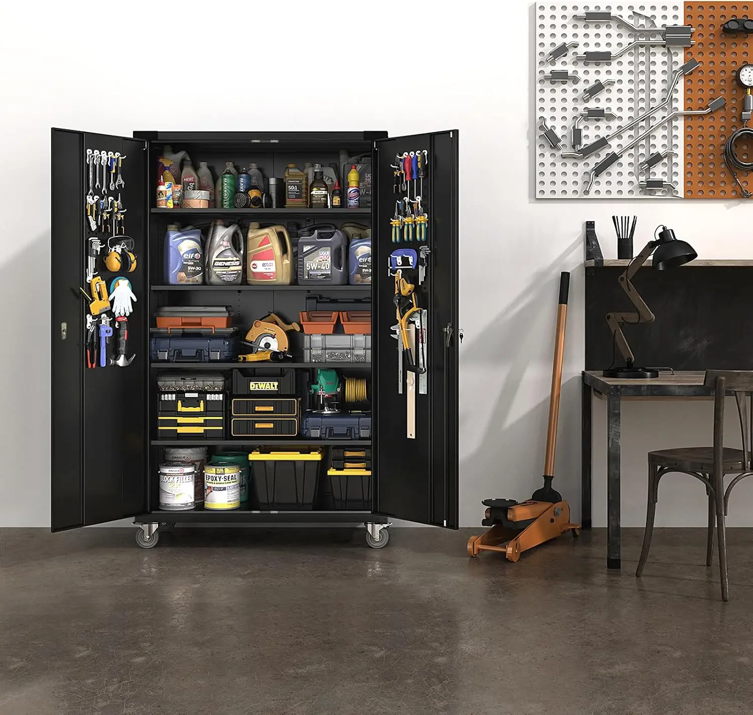 Upgraded Wide & Deep Garage Storage Cabinet, Metal Storage Cabinet with Pegboards, Wheels, Locking Doors