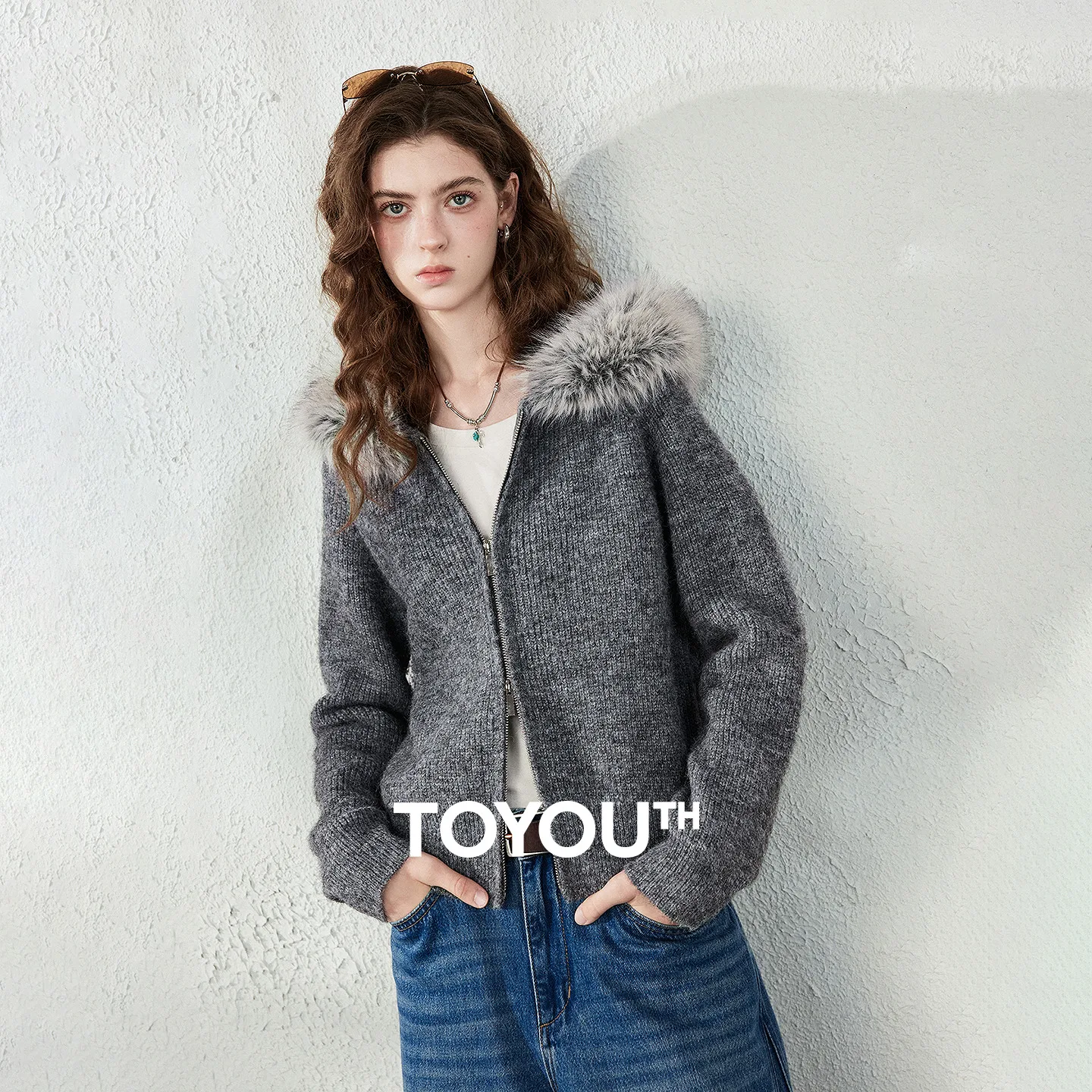 TOYOUTH Womens Hooded Outerwear 2026 Autumn New Wool Blend Fur Trim Nordic Loose Plush Knit Cardigan
