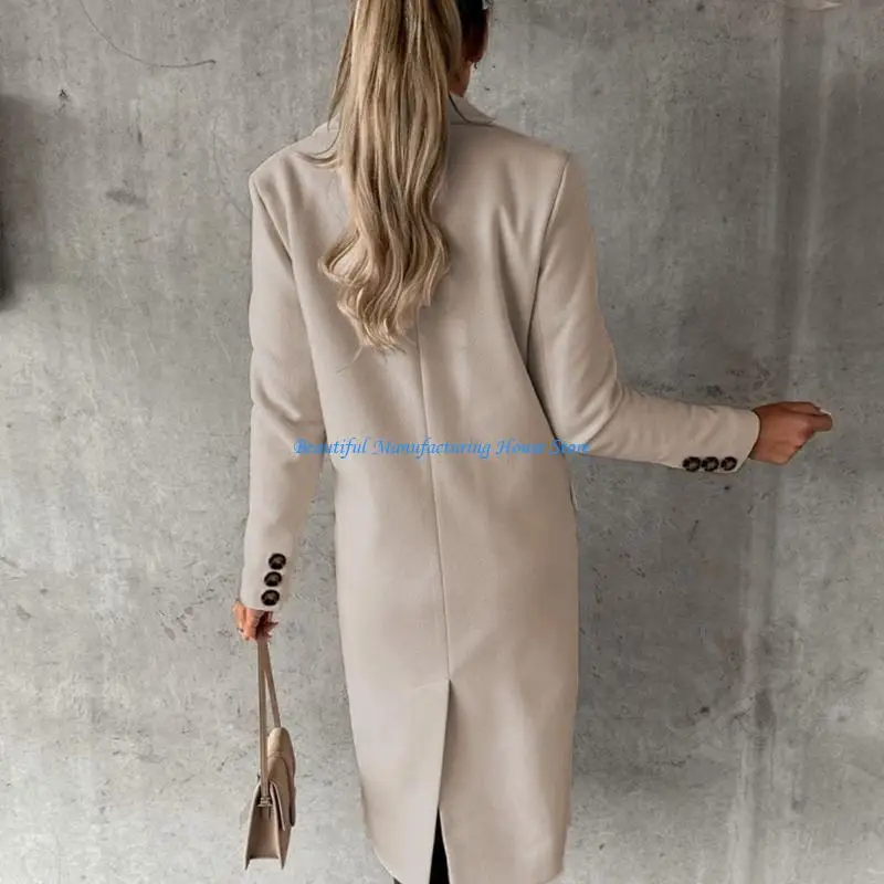 

E56A Women Thicken Warm Wool Blend Coat Notched Lapel Collar Double Breasted Pea Coat