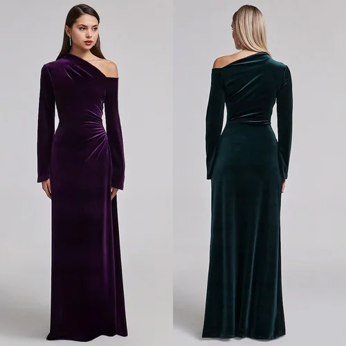 Imagen 1 del producto Vestidos de Noche acampanados con hombros descubiertos de terciopelo personalizados, vestido de fiesta árabe saudí, vestidos formales exquisitos de fiesta de alta calidad para mujer