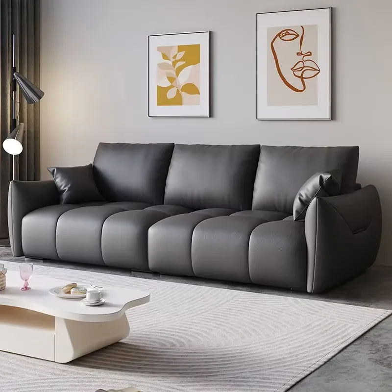 Hot-Selling Cream-Colored Small Apartment Sofas Set Ready-Made Genuine Leather Accessible for Three People Living Room