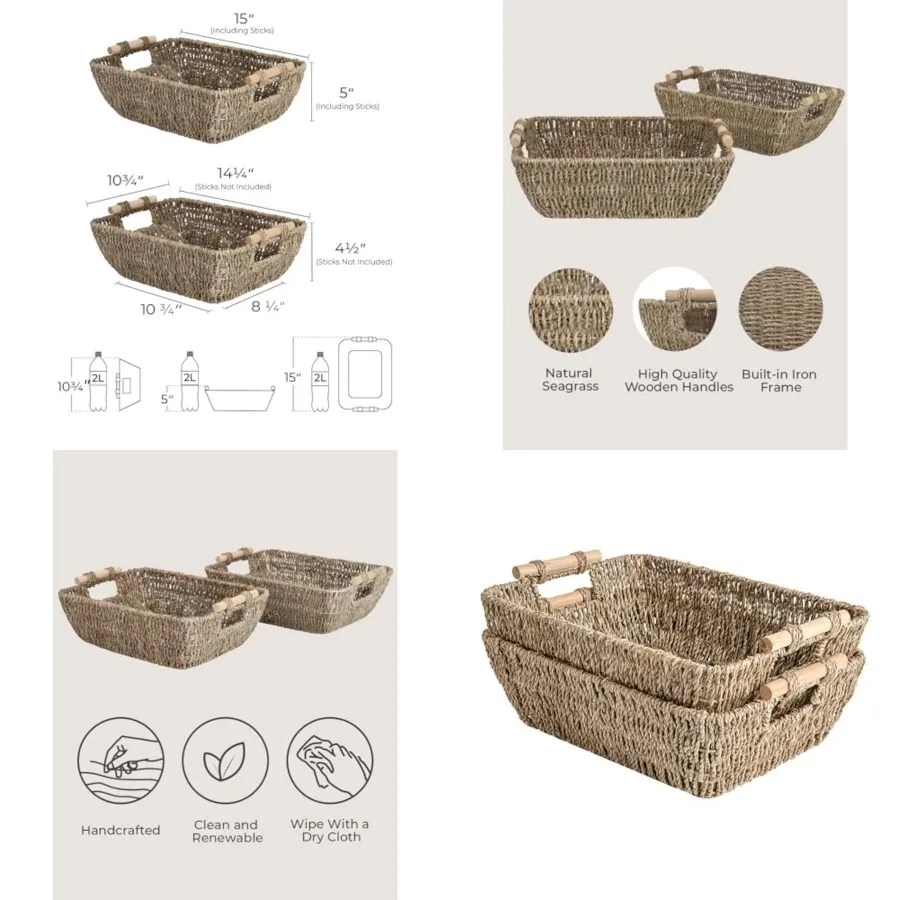 

Hand-Woven Storage Baskets with Wooden Handles, Seagrass Wicker Baskets for Organizing, 2-Pack