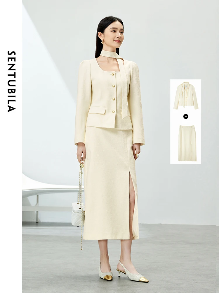 SENTUBILA Comfort Cotton Tweed Suit 2024 Spring Ribbon Round Neck Coat Split Midi Skirt Elegant New in Matching Set 141Z53095