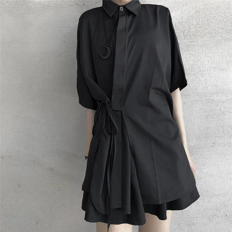 

Dark Style Summer New Loose Women's Shirt with Belt Short Sleeve Top Breathable Thin Fabric Flip Collar Casual Fashion