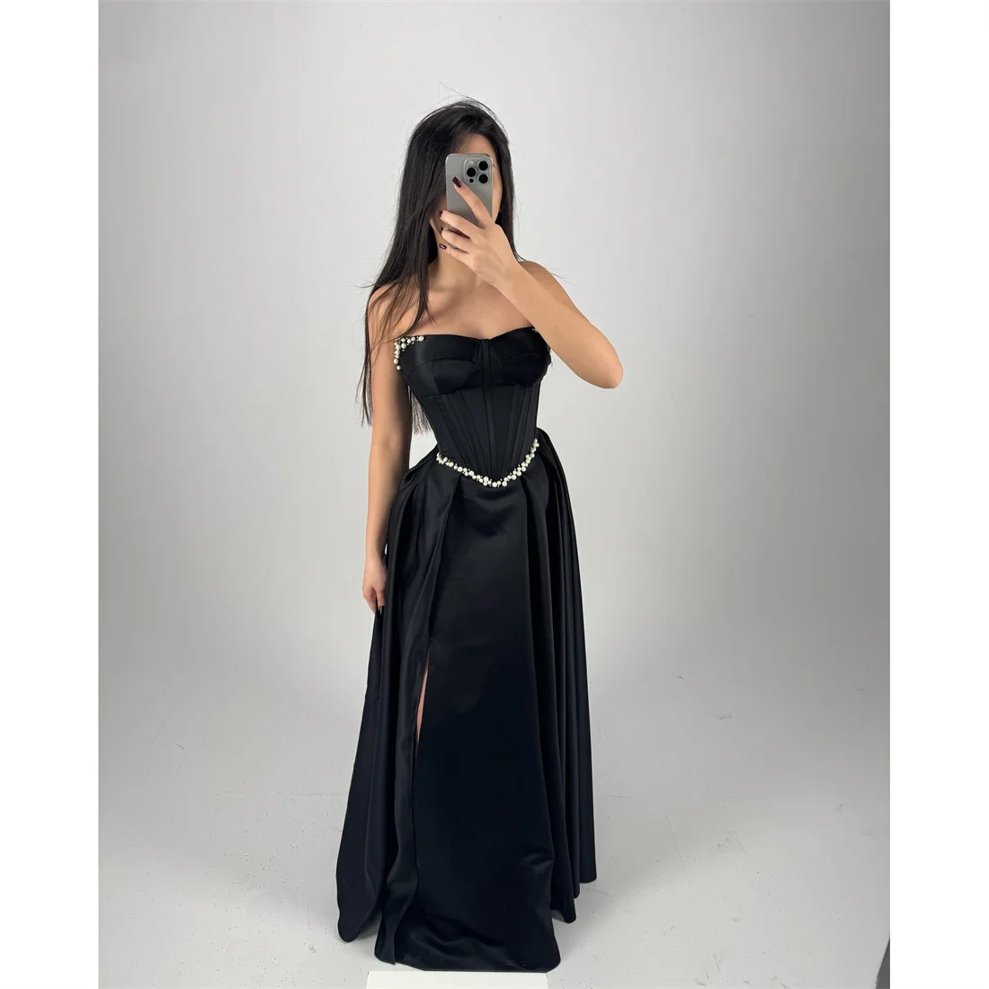 

EDECPBM Satin Strapless Black A-Line Evening Dress 2026 Prom Dress Elegant Luxury Formal Evening Customized Robes de Soirée