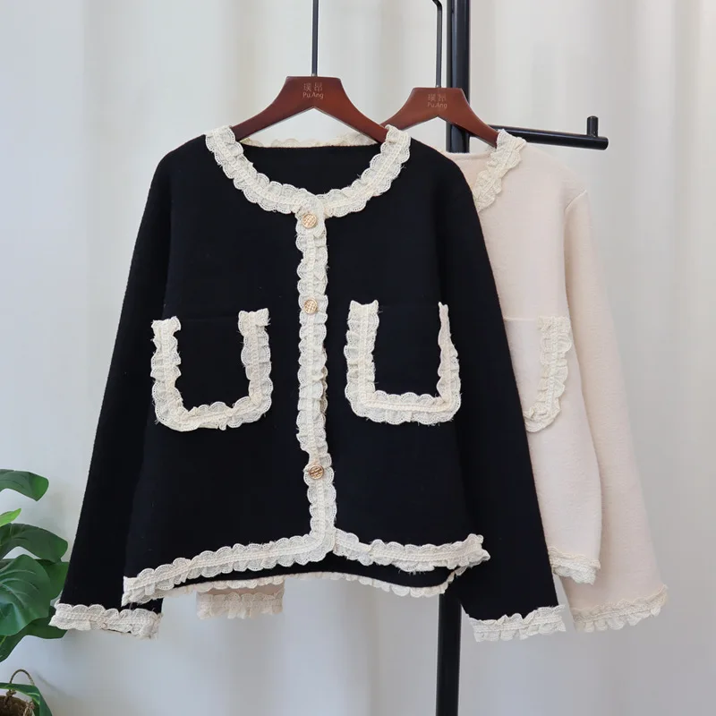 

Autumn Winter New Fashion Women's Spliced Casual Trendy Contrast Colot Knitted O-neck Sweater Coats Female Cardigans Clothes Top