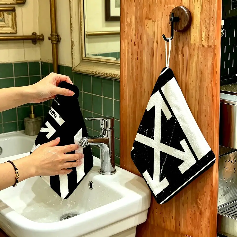 Fashion LOGO O-Off W-White Polyester Cotton Hand Wiping Towel, Hanging Towel, Quick Dry for Kitchen Bathroom Daily Supplies